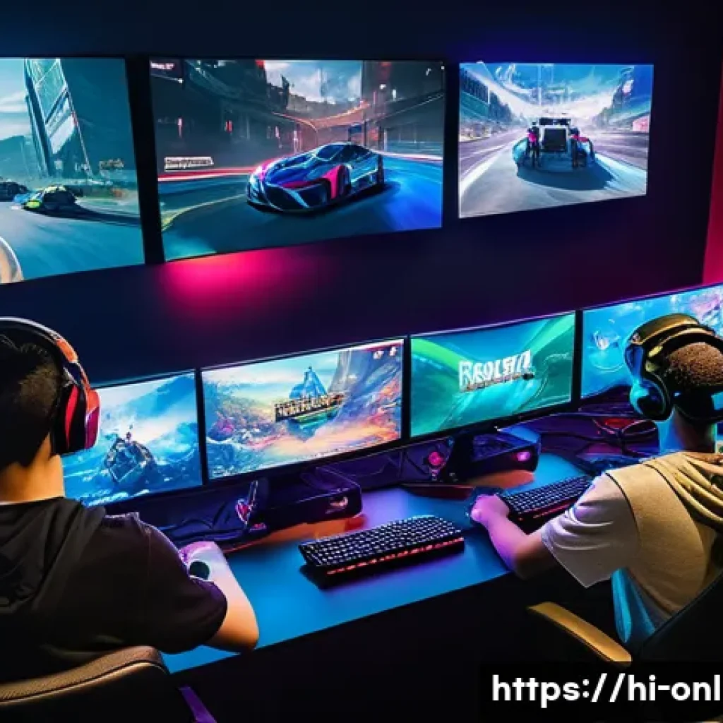 PC방 게임 인기 순위 변화 - **A group of diverse teenagers playing a Valorant match at a brightly lit PC gaming cafe. The cafe h...