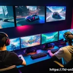 PC방 게임 인기 순위 변화 - **A group of diverse teenagers playing a Valorant match at a brightly lit PC gaming cafe. The cafe h...