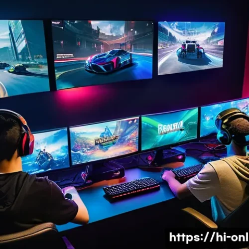 Home 21 PC방 게임 인기 순위 변화 - **A group of diverse teenagers playing a Valorant match at a brightly lit PC gaming cafe. The cafe h...