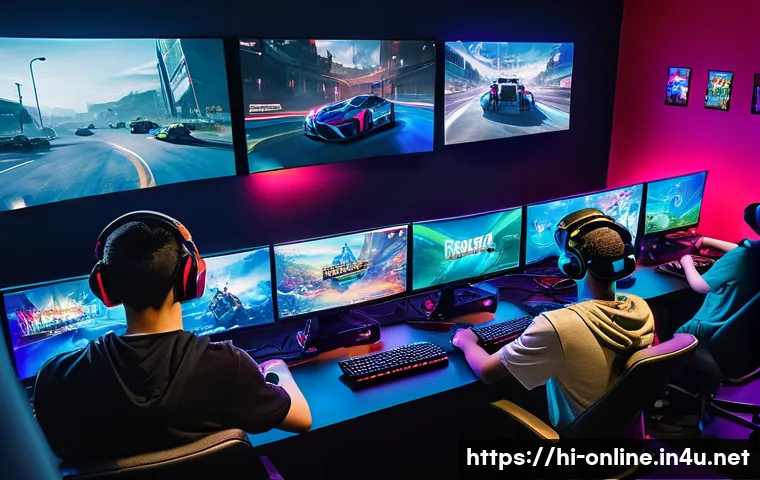 PC방 게임 인기 순위 변화 - **A group of diverse teenagers playing a Valorant match at a brightly lit PC gaming cafe. The cafe h...